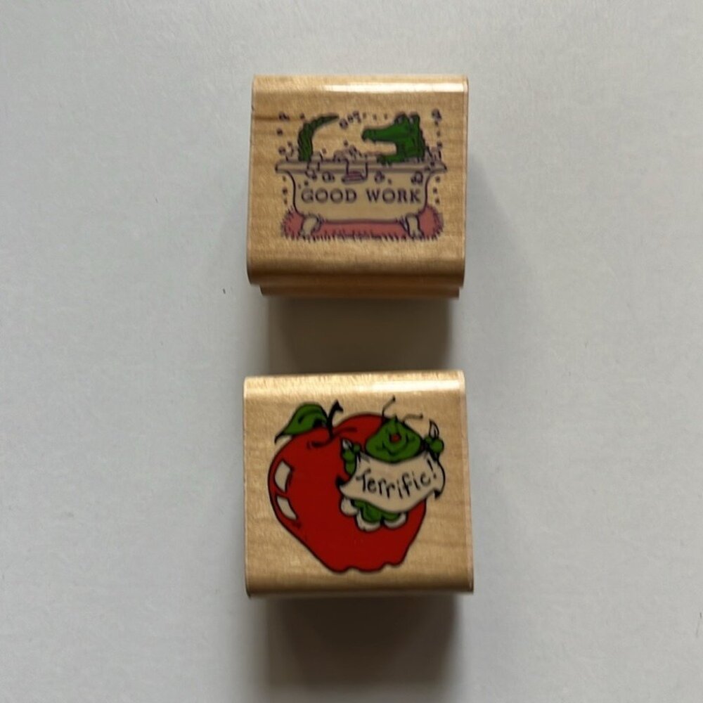 Set of 2 Teacher Wooden Rubber Stamps – Great for Grading & Student Rewards 🍎🪵